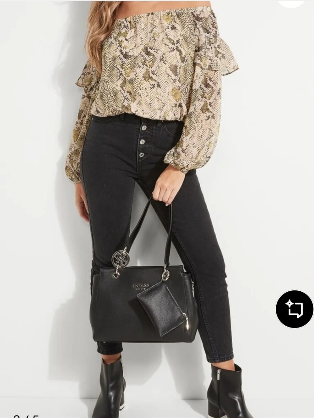 GUESS Y2K ANIMAL PRINT Off-Shoulder Snake Blouse Beige & Olive Boho Queen 90s - Picture 5 of 11